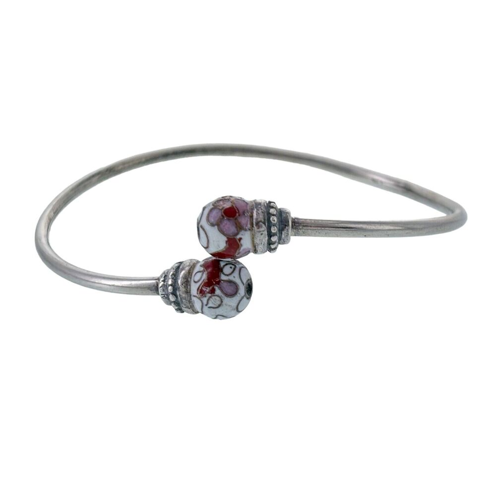 Vintage Sterling Silver 925 Cloisonné Floral Bead Cuff Bracelet 6.5"